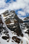 Close up of the mountains bordering Lake Moraine
